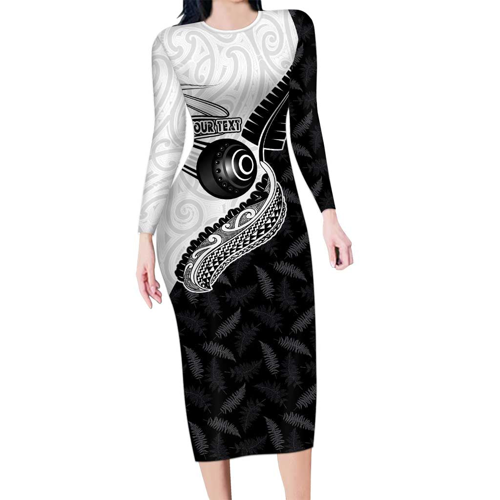 Personalised Aotearoa Lawn Bowls Long Sleeve Bodycon Dress Maori and Silver Fern Half Style - Aussie Hoodie