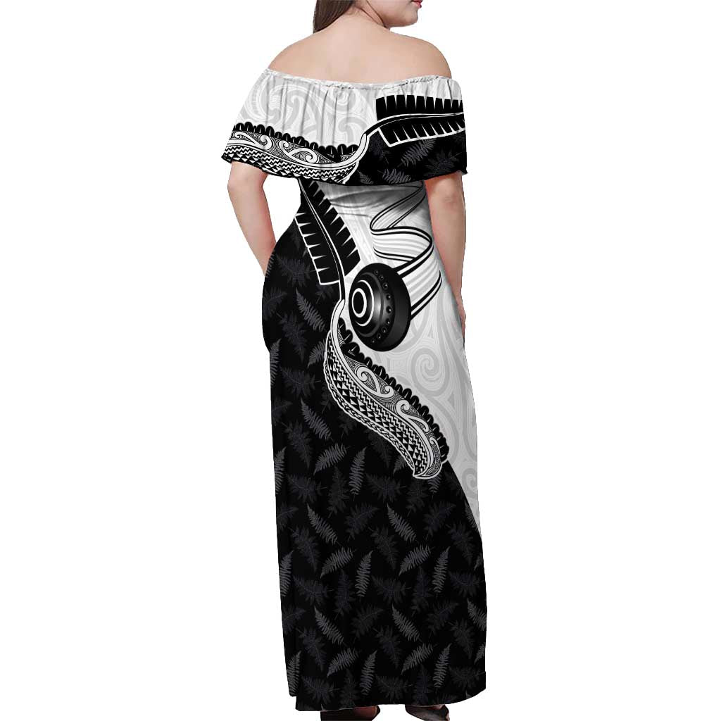 Personalised Aotearoa Lawn Bowls Off Shoulder Maxi Dress Maori and Silver Fern Half Style - Aussie Hoodie