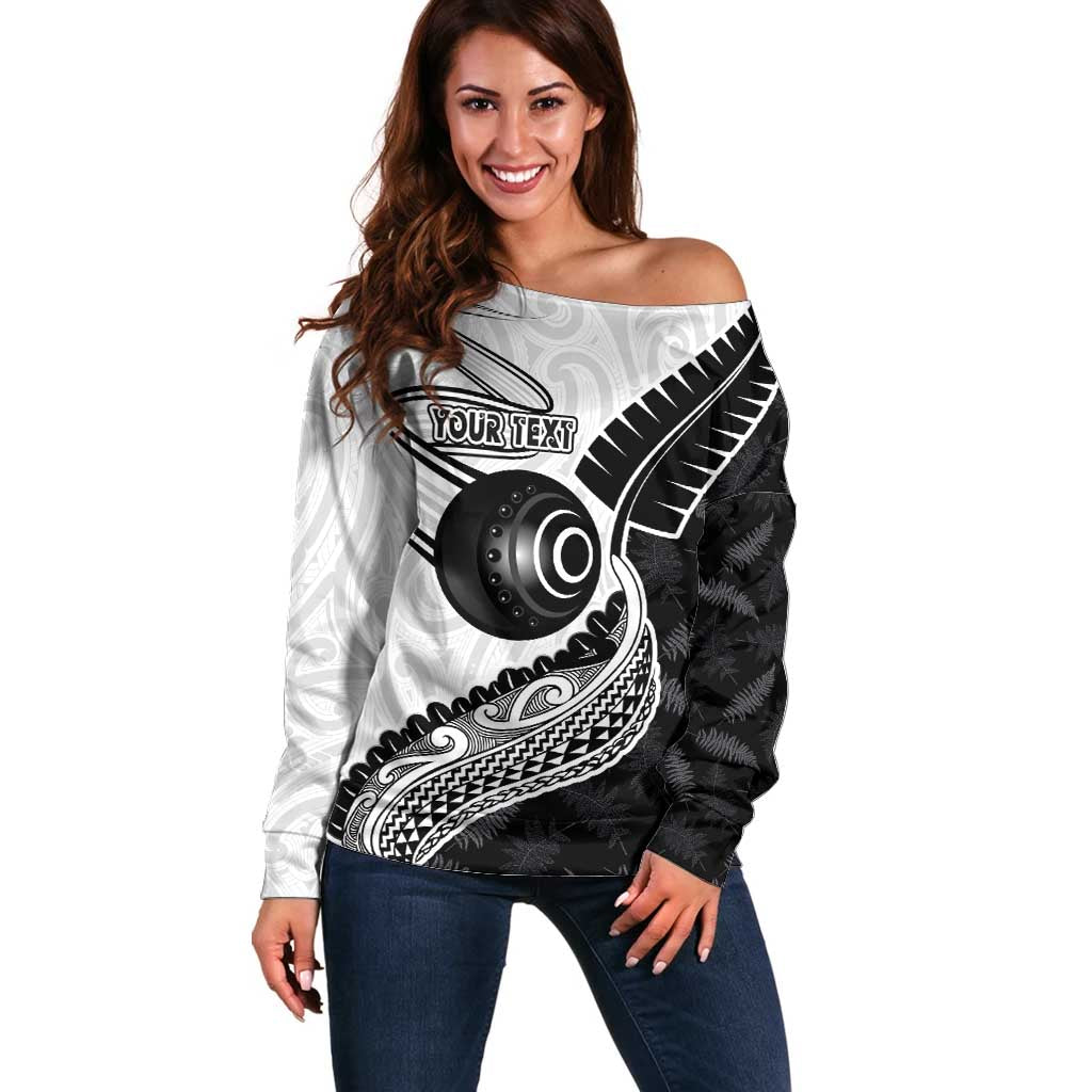 Personalised Aotearoa Lawn Bowls Off Shoulder Sweater Maori and Silver Fern Half Style - Aussie Hoodie