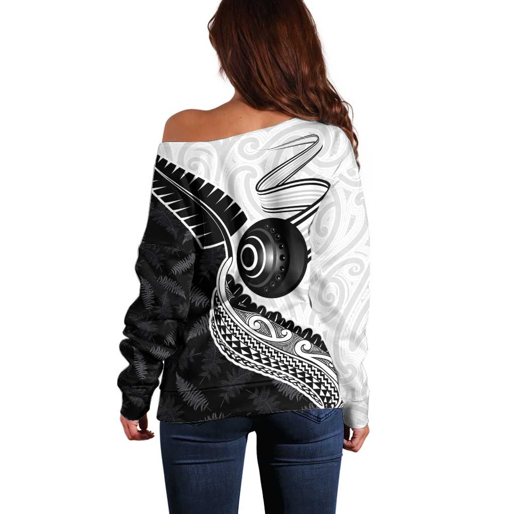 Personalised Aotearoa Lawn Bowls Off Shoulder Sweater Maori and Silver Fern Half Style - Aussie Hoodie