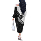 Personalised Aotearoa Lawn Bowls Off The Shoulder Long Sleeve Dress Maori and Silver Fern Half Style - Aussie Hoodie