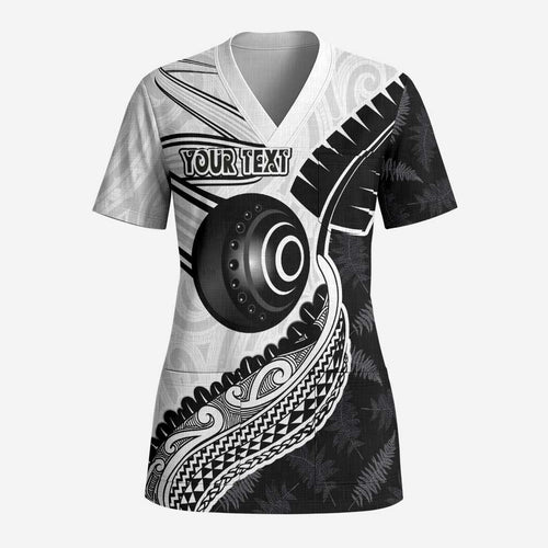 Personalised Aotearoa Lawn Bowls Scrub Top Maori and Silver Fern Half Style - Aussie Hoodie