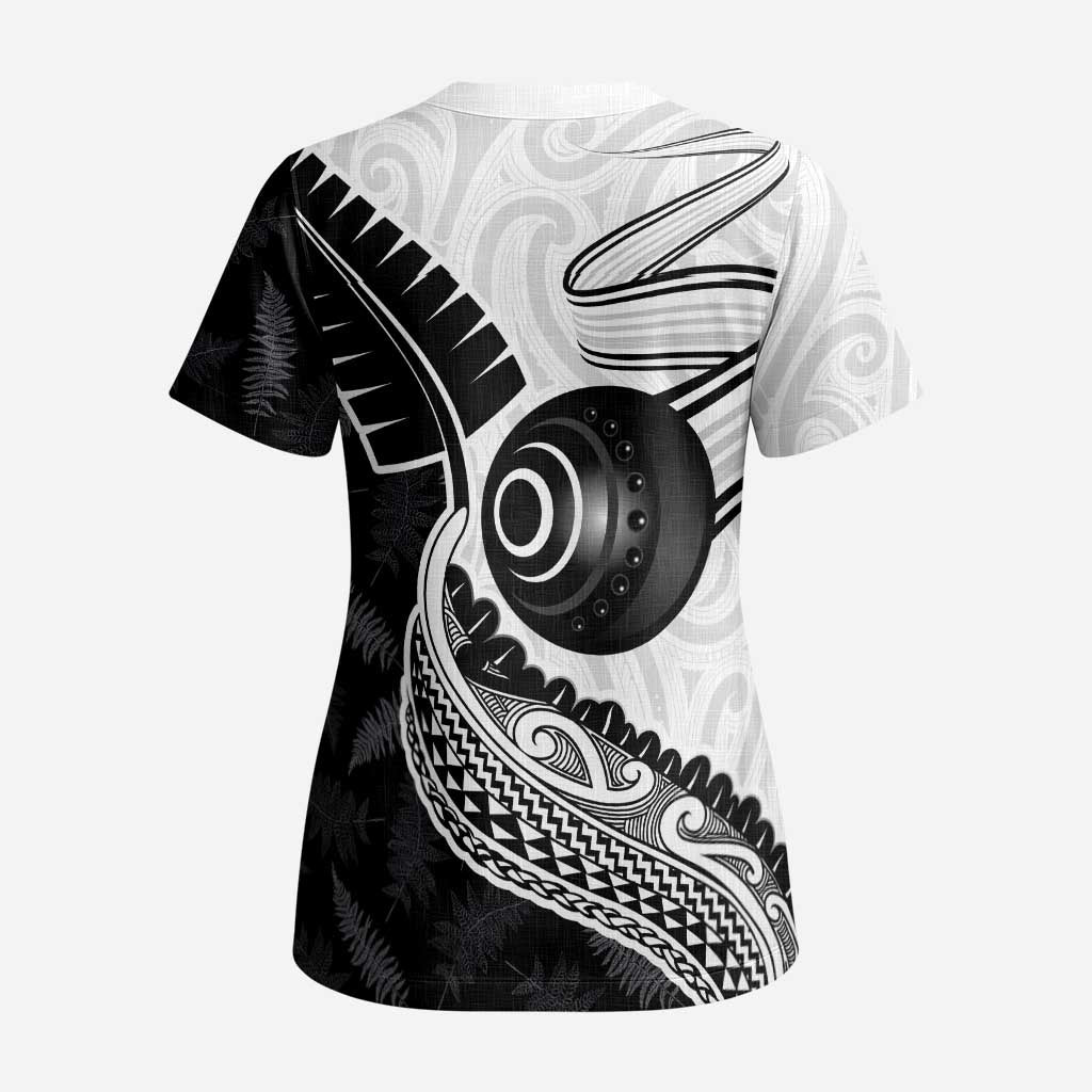 Personalised Aotearoa Lawn Bowls Scrub Top Maori and Silver Fern Half Style - Aussie Hoodie