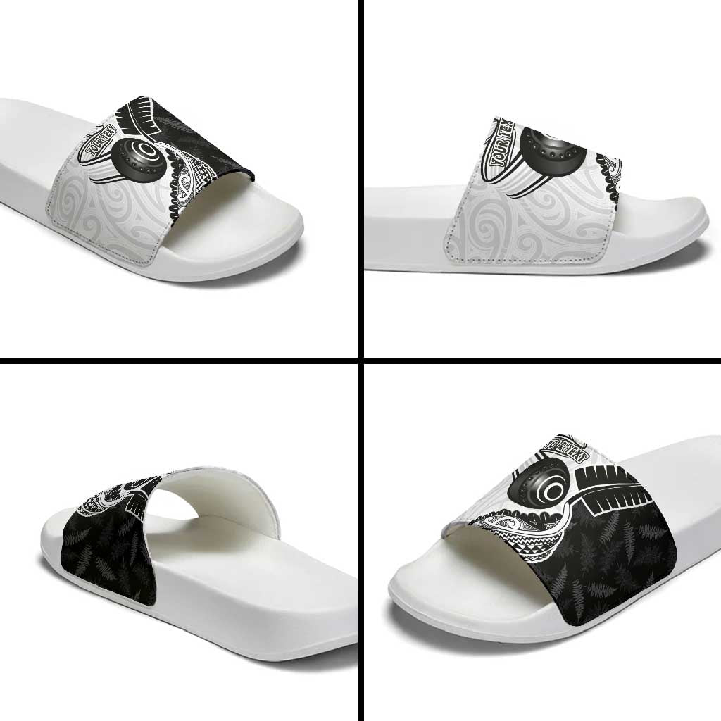 Personalised Aotearoa Lawn Bowls Slide Sandals Maori and Silver Fern Half Style - Aussie Hoodie