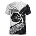 Personalised Aotearoa Lawn Bowls Women V-Neck T-Shirt Maori and Silver Fern Half Style - Aussie Hoodie