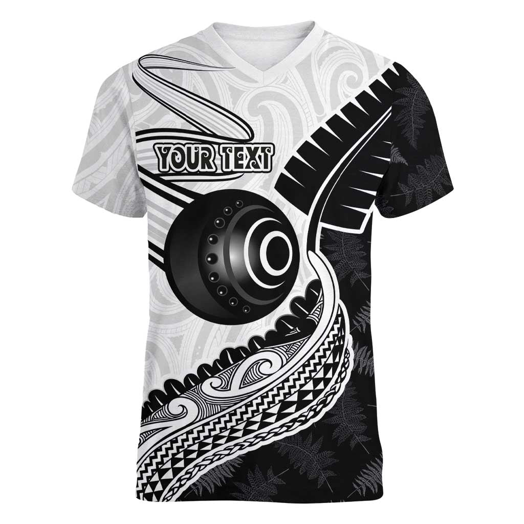 Personalised Aotearoa Lawn Bowls Women V-Neck T-Shirt Maori and Silver Fern Half Style - Aussie Hoodie