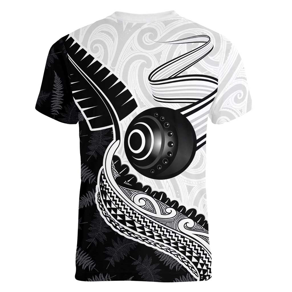 Personalised Aotearoa Lawn Bowls Women V-Neck T-Shirt Maori and Silver Fern Half Style - Aussie Hoodie