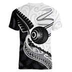 Personalised Aotearoa Lawn Bowls Women V-Neck T-Shirt Maori and Silver Fern Half Style - Aussie Hoodie