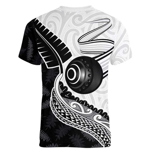 Personalised Aotearoa Lawn Bowls Women V-Neck T-Shirt Maori and Silver Fern Half Style - Aussie Hoodie