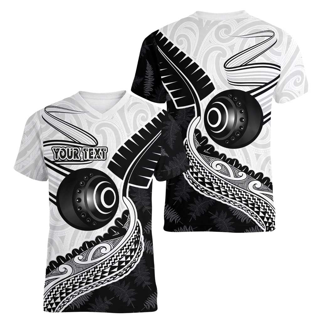 Personalised Aotearoa Lawn Bowls Women V-Neck T-Shirt Maori and Silver Fern Half Style - Aussie Hoodie