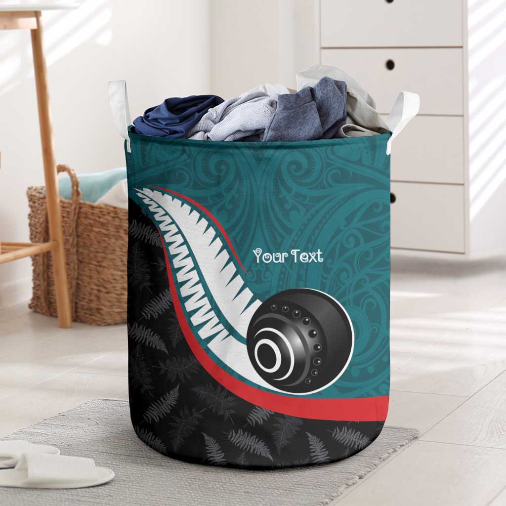 Personalised Aotearoa Lawn Bowls Laundry Basket Maori and Silver Fern Sporty Style Teal Color - Aussie Hoodie