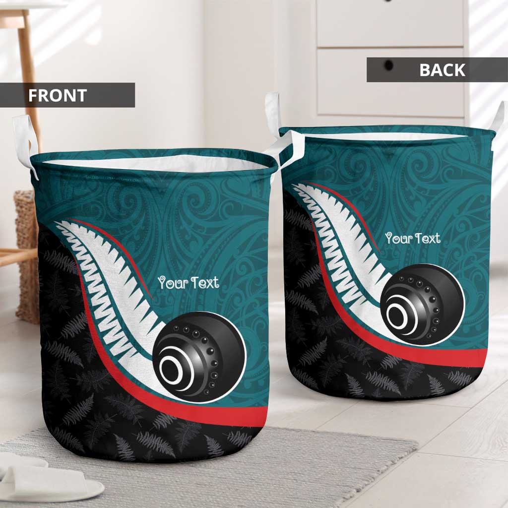 Personalised Aotearoa Lawn Bowls Laundry Basket Maori and Silver Fern Sporty Style Teal Color - Aussie Hoodie