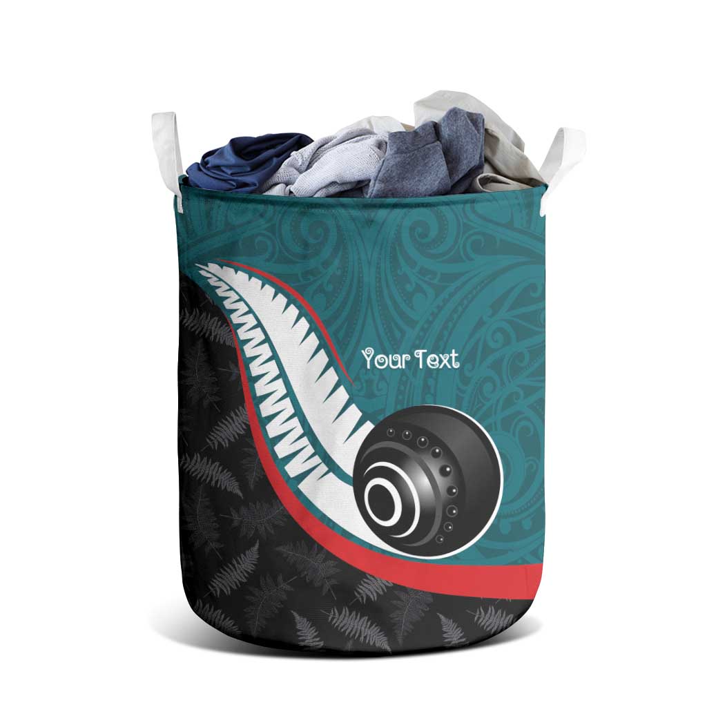 Personalised Aotearoa Lawn Bowls Laundry Basket Maori and Silver Fern Sporty Style Teal Color - Aussie Hoodie