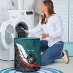 Personalised Aotearoa Lawn Bowls Laundry Basket Maori and Silver Fern Sporty Style Teal Color - Aussie Hoodie