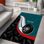 Personalised Aotearoa Lawn Bowls Area Rug Maori and Silver Fern Sporty Style Teal Color - Aussie Hoodie