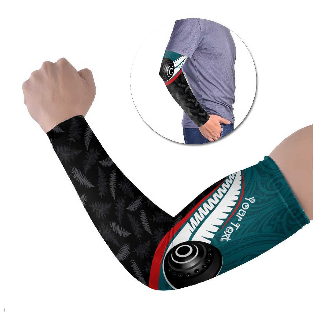Personalised Aotearoa Lawn Bowls Arm Sleeves Maori and Silver Fern Sporty Style Teal Color - Aussie Hoodie