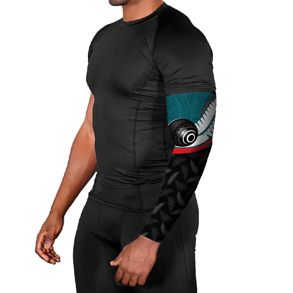 Personalised Aotearoa Lawn Bowls Arm Sleeves Maori and Silver Fern Sporty Style Teal Color - Aussie Hoodie