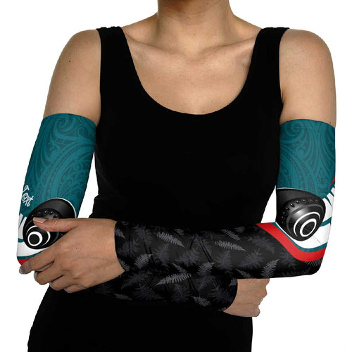 Personalised Aotearoa Lawn Bowls Arm Sleeves Maori and Silver Fern Sporty Style Teal Color - Aussie Hoodie