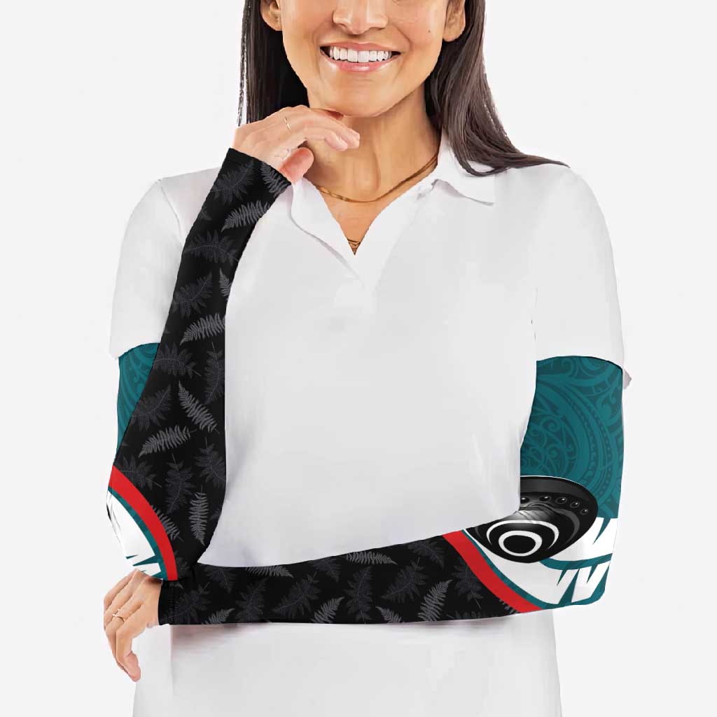Personalised Aotearoa Lawn Bowls Arm Sleeves Maori and Silver Fern Sporty Style Teal Color - Aussie Hoodie
