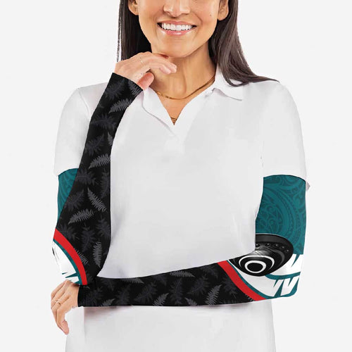 Personalised Aotearoa Lawn Bowls Arm Sleeves Maori and Silver Fern Sporty Style Teal Color - Aussie Hoodie