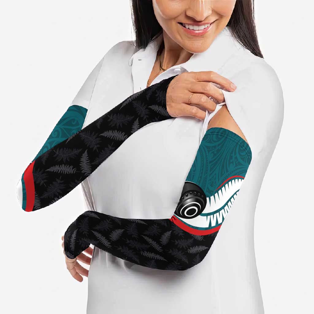 Personalised Aotearoa Lawn Bowls Arm Sleeves Maori and Silver Fern Sporty Style Teal Color - Aussie Hoodie