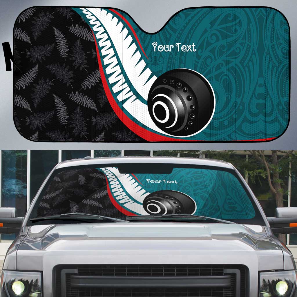 Personalised Aotearoa Lawn Bowls Auto Sun Shade Maori and Silver Fern Sporty Style Teal Color - Aussie Hoodie