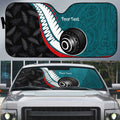 Personalised Aotearoa Lawn Bowls Auto Sun Shade Maori and Silver Fern Sporty Style Teal Color - Aussie Hoodie