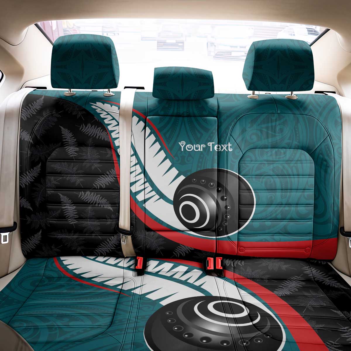 Personalised Aotearoa Lawn Bowls Back Car Seat Cover Maori and Silver Fern Sporty Style Teal Color - Aussie Hoodie
