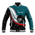 Personalised Aotearoa Lawn Bowls Baseball Jacket Maori and Silver Fern Sporty Style Teal Color - Aussie Hoodie