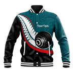 Personalised Aotearoa Lawn Bowls Baseball Jacket Maori and Silver Fern Sporty Style Teal Color - Aussie Hoodie