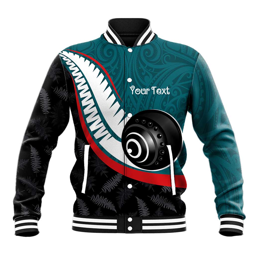 Personalised Aotearoa Lawn Bowls Baseball Jacket Maori and Silver Fern Sporty Style Teal Color - Aussie Hoodie