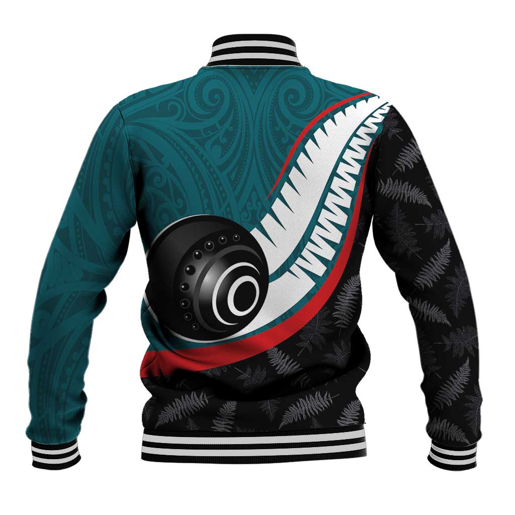 Personalised Aotearoa Lawn Bowls Baseball Jacket Maori and Silver Fern Sporty Style Teal Color - Aussie Hoodie