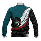 Personalised Aotearoa Lawn Bowls Baseball Jacket Maori and Silver Fern Sporty Style Teal Color - Aussie Hoodie