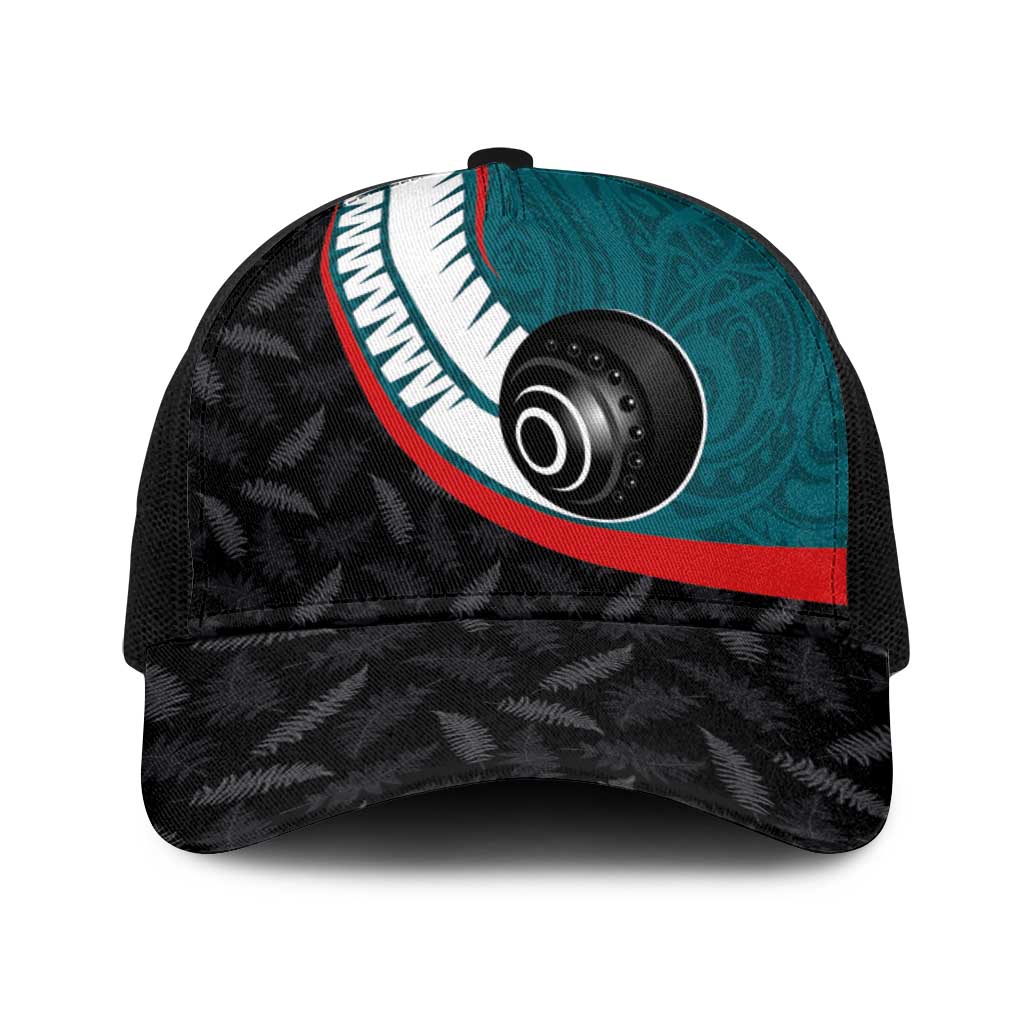 Aotearoa Lawn Bowls Baseball Net Cap Maori and Silver Fern Sporty Style Teal Color - Aussie Hoodie