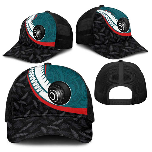 Aotearoa Lawn Bowls Baseball Net Cap Maori and Silver Fern Sporty Style Teal Color - Aussie Hoodie