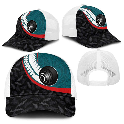 Aotearoa Lawn Bowls Baseball Net Cap Maori and Silver Fern Sporty Style Teal Color - Aussie Hoodie