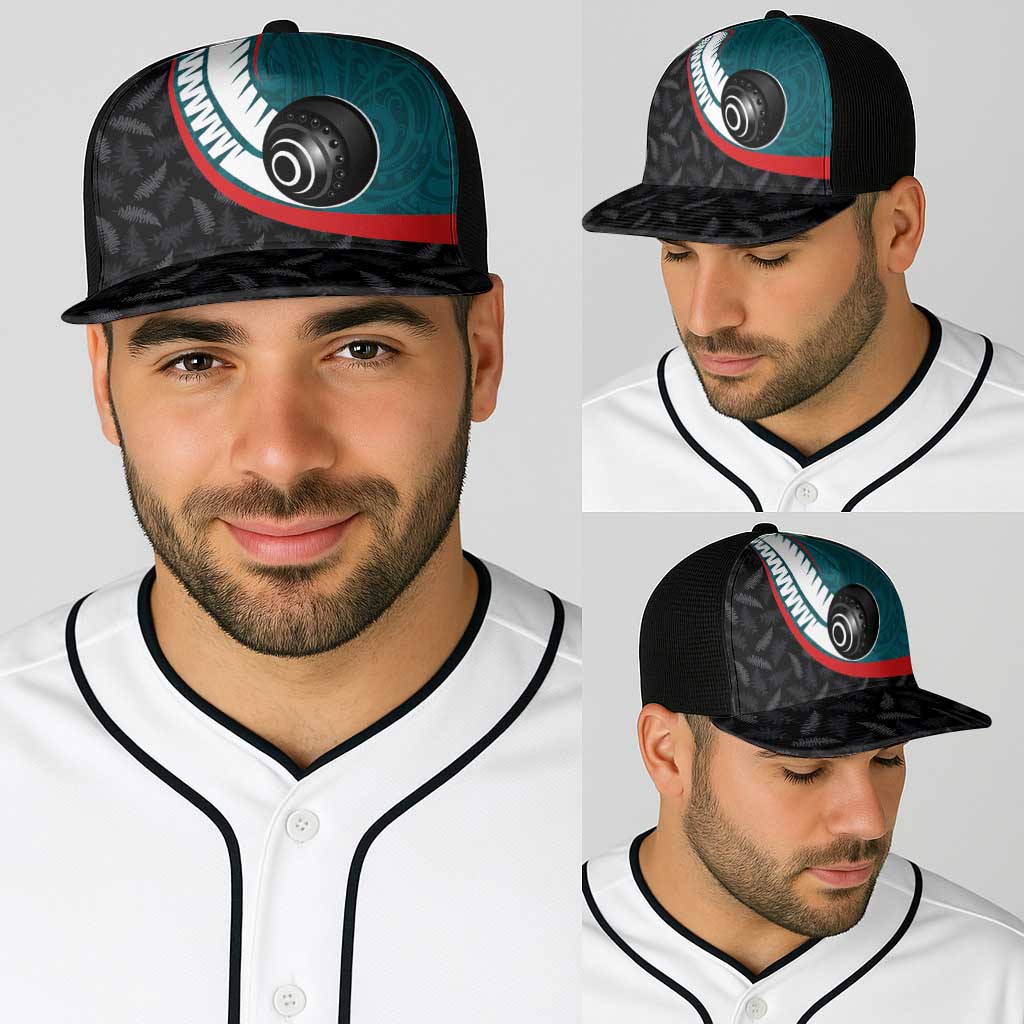 Aotearoa Lawn Bowls Baseball Net Cap Maori and Silver Fern Sporty Style Teal Color - Aussie Hoodie