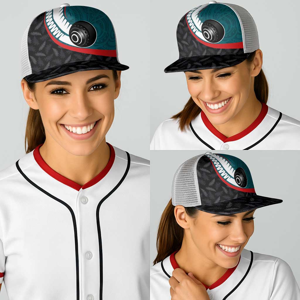 Aotearoa Lawn Bowls Baseball Net Cap Maori and Silver Fern Sporty Style Teal Color - Aussie Hoodie