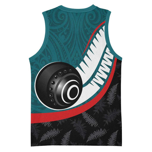 Personalised Aotearoa Lawn Bowls Basketball Jersey Maori and Silver Fern Sporty Style Teal Color - Aussie Hoodie