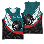 Personalised Aotearoa Lawn Bowls Basketball Jersey Maori and Silver Fern Sporty Style Teal Color - Aussie Hoodie
