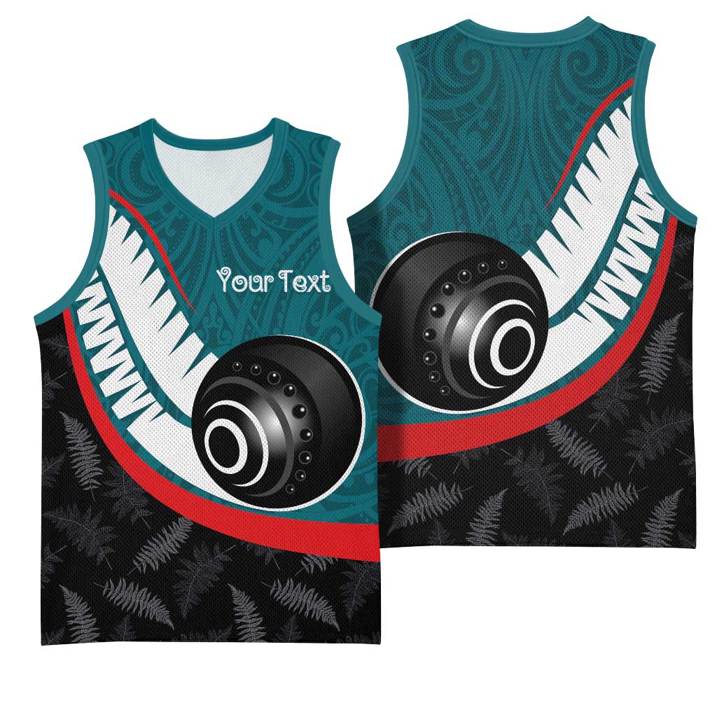 Personalised Aotearoa Lawn Bowls Basketball Jersey Maori and Silver Fern Sporty Style Teal Color - Aussie Hoodie