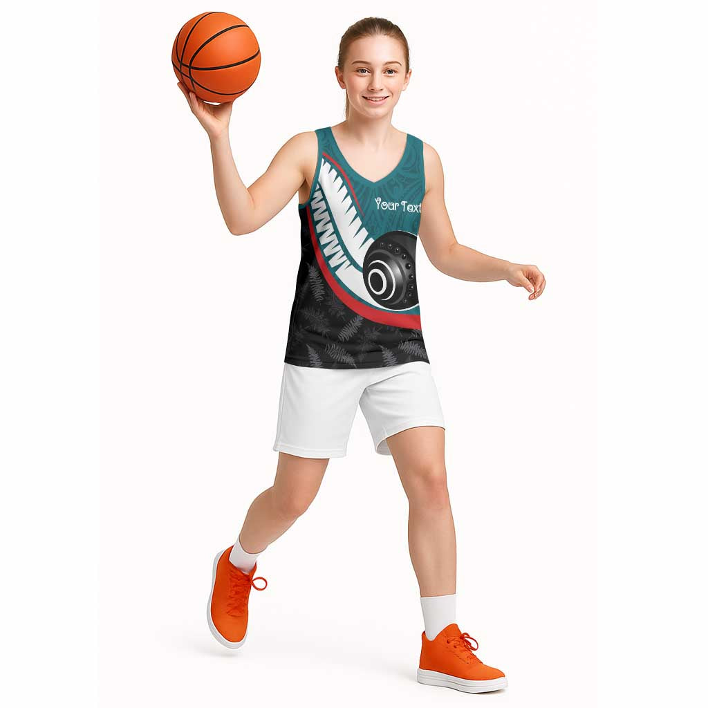 Personalised Aotearoa Lawn Bowls Basketball Jersey Maori and Silver Fern Sporty Style Teal Color - Aussie Hoodie
