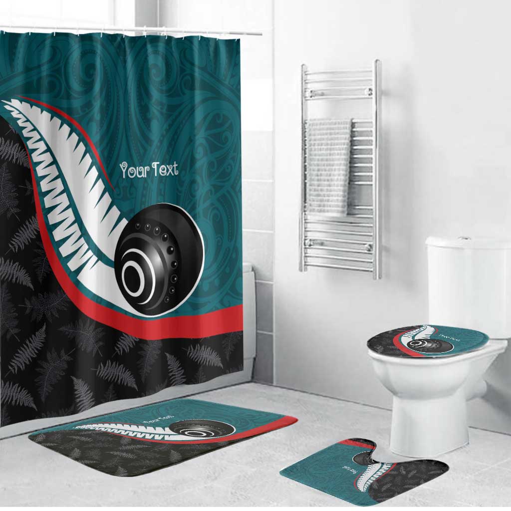 Personalised Aotearoa Lawn Bowls Bathroom Set Maori and Silver Fern Sporty Style Teal Color - Aussie Hoodie