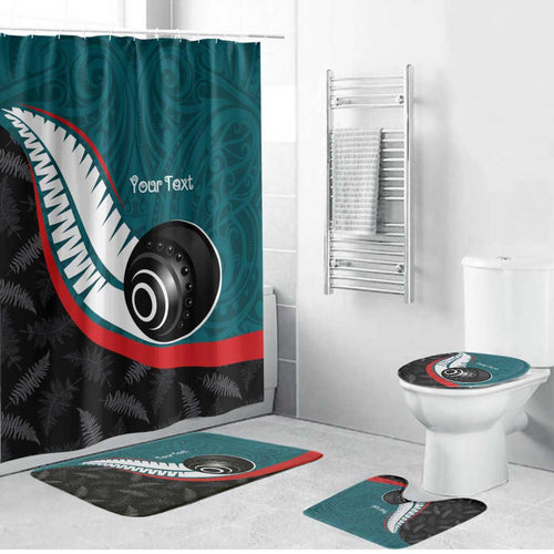 Personalised Aotearoa Lawn Bowls Bathroom Set Maori and Silver Fern Sporty Style Teal Color - Aussie Hoodie