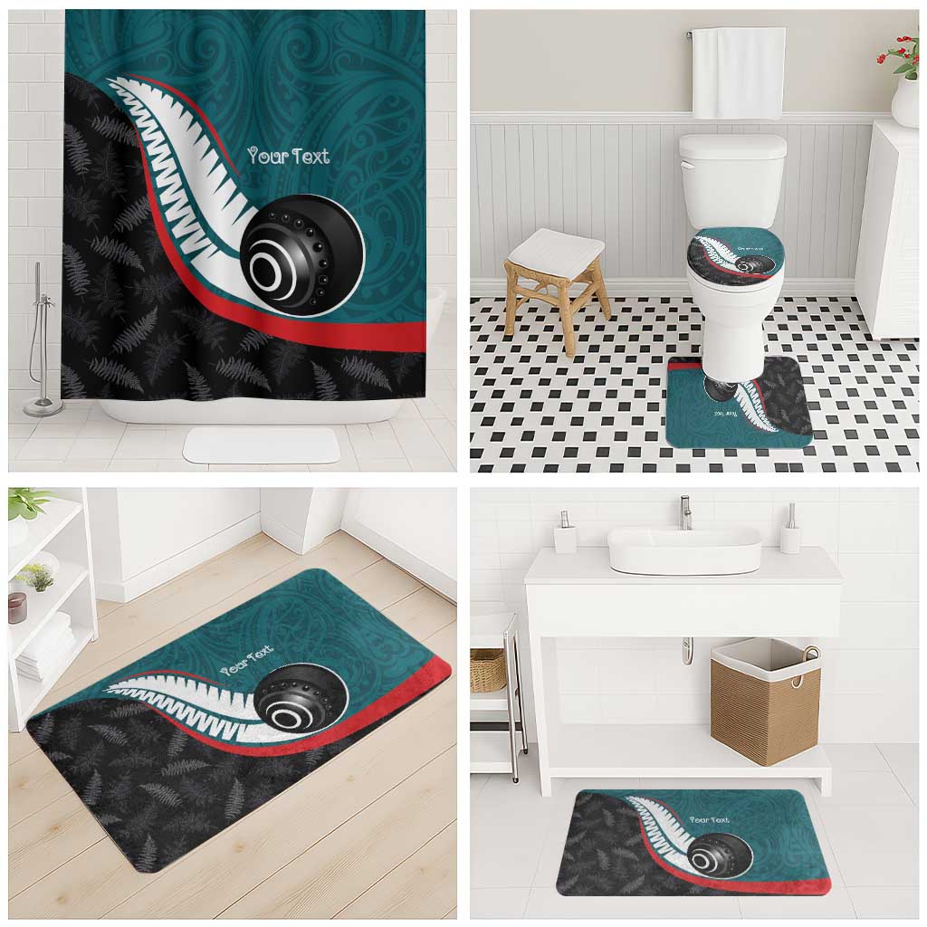 Personalised Aotearoa Lawn Bowls Bathroom Set Maori and Silver Fern Sporty Style Teal Color - Aussie Hoodie