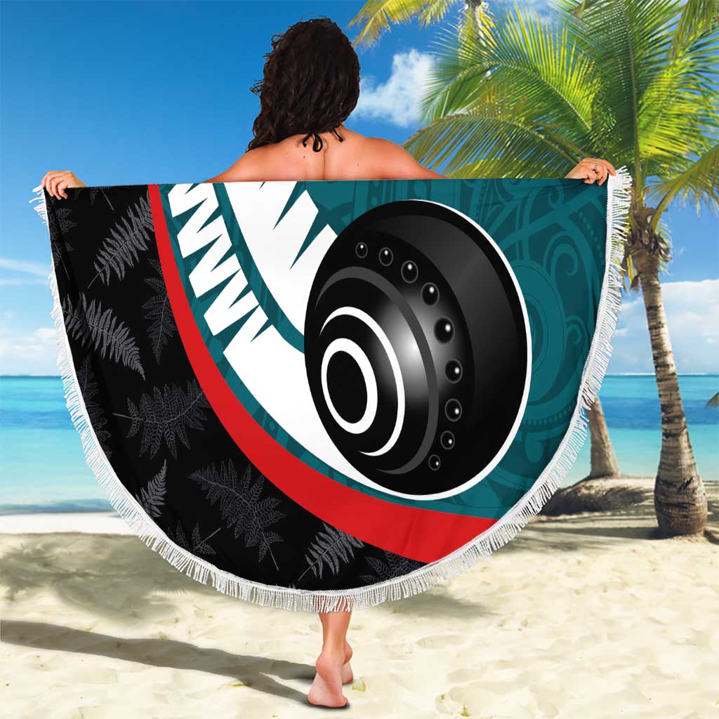 Personalised Aotearoa Lawn Bowls Beach Blanket Maori and Silver Fern Sporty Style Teal Color - Aussie Hoodie