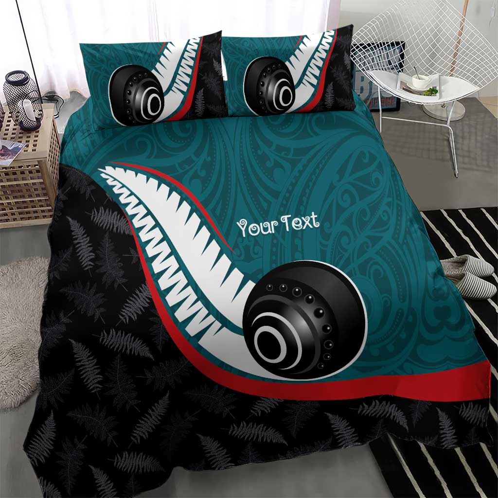 Personalised Aotearoa Lawn Bowls Bedding Set Maori and Silver Fern Sporty Style Teal Color - Aussie Hoodie
