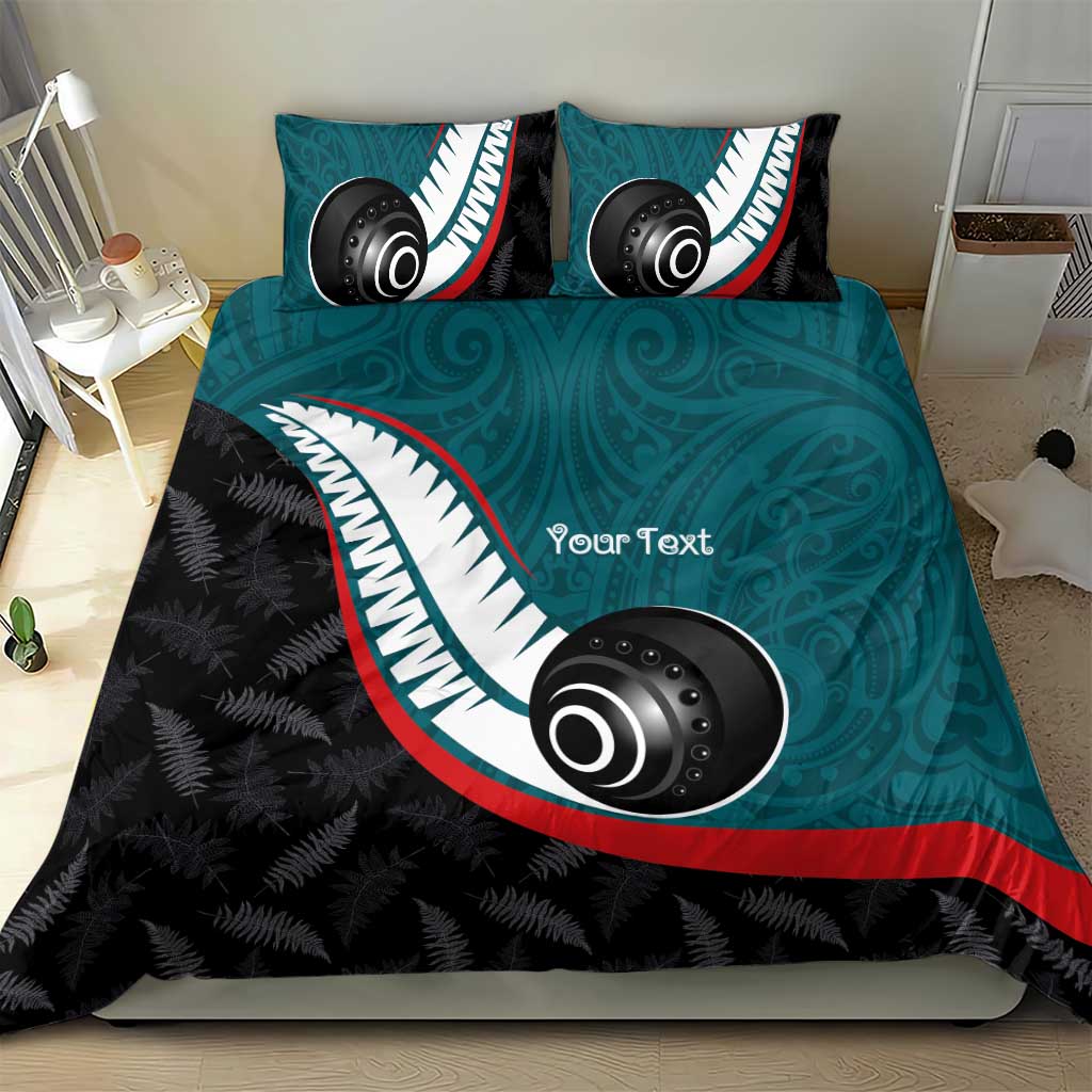 Personalised Aotearoa Lawn Bowls Bedding Set Maori and Silver Fern Sporty Style Teal Color - Aussie Hoodie