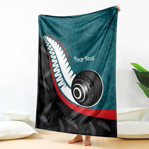 Personalised Aotearoa Lawn Bowls Blanket Maori and Silver Fern Sporty Style Teal Color - Aussie Hoodie