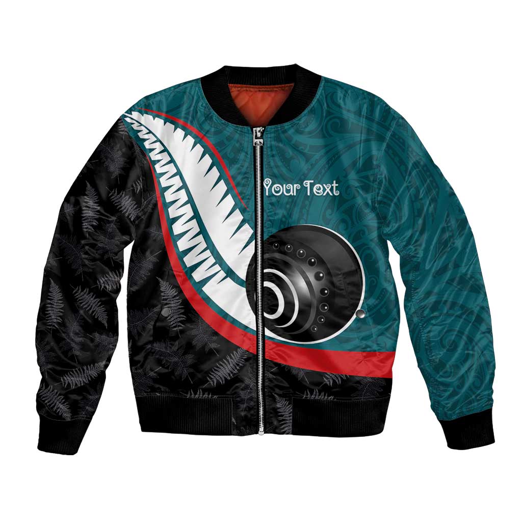 Personalised Aotearoa Lawn Bowls Bomber Jacket Maori and Silver Fern Sporty Style Teal Color - Aussie Hoodie